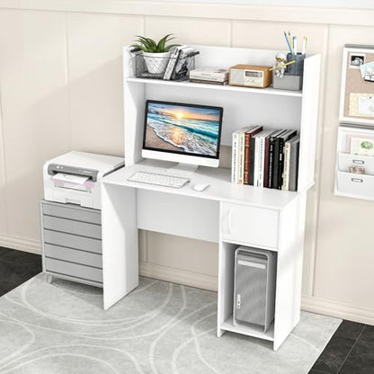 Tangkula Computer Desk with Hutch, Home Office Desk with Raised Display Shelf & 2 Open Shelves, Cabinet with Door, Cable Management Holes, Modern Laptop PC Desk, Study Writing Desk for Bedroom