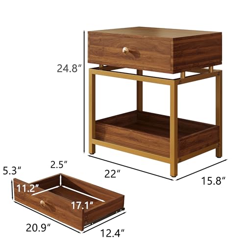 Night Stand Farmhouse Nightstand with Gold Metal Frame, Bedside Table with Drawer and Open Shelf, Sofa Side Table End Table for Bedroom, Living Room,Dark Walnut, 1 Pack - color: Dark Brown 22"