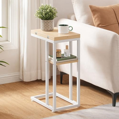 HOOBRO Foldable C Shaped End Table, C Shaped Side Table with Storage Shelf, Small Snack Table, Slide Under Couch Table for Sofa, Living Room Bedroom Small Spaces Easy Assembly, Natural WN29SF01 - color: White + Natural