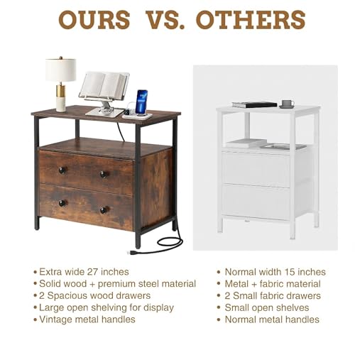 Edbuosy 27 inch Wide Night Stand with Charging Station, Bedside Table with Open Shelf, 2 Drawers Small Wood Dresser, Modern Wood Nightstand for Bedroom/Living Room, Retro Brown - color: Retro Brown, size: 27"W-2 Drawers
