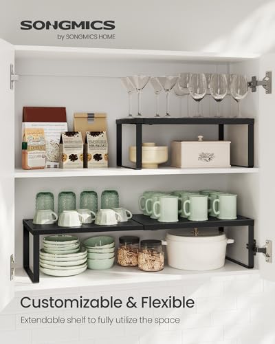 SONGMICS Spice Racks, Set of 2 Expandable Kitchen Countertop Shelves, Small Cupboard Organizers, Metal, Space-Saving Tabletop Shelves, Matte Black UKCS402B01 - color: Matte Black, size: Set of 2
