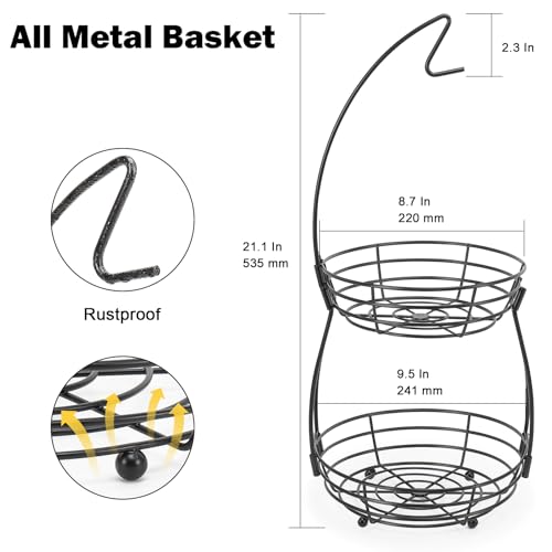 2 Tier Fruit Bowl, Stackable Fruit Basket-Vegetable Holder, Large Capacity Thick Metal Wire Basket with Banana Hanger, Kitchen Countertop Fruit Veggies Storage, Black