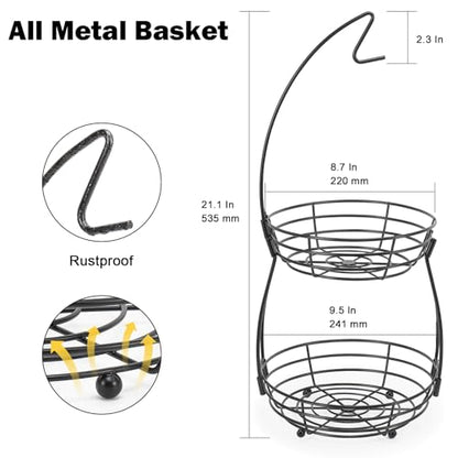 2 Tier Fruit Bowl, Stackable Fruit Basket-Vegetable Holder, Large Capacity Thick Metal Wire Basket with Banana Hanger, Kitchen Countertop Fruit Veggies Storage, Black