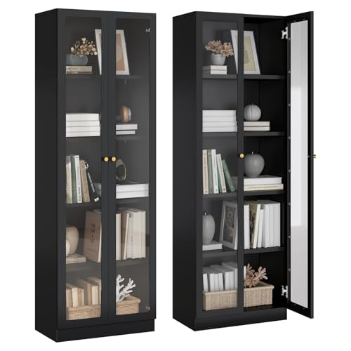 IRONMIX Black Bookshelf with Doors and Adjustable Shelves, 5-Tier Tall Bookcase, 70.87" Modern Display Cabinet, Metal Book Shelf with Storage Cabinet for Home Office Living Room - color: Black, size: 23.5" W-5 Tier-2 Door