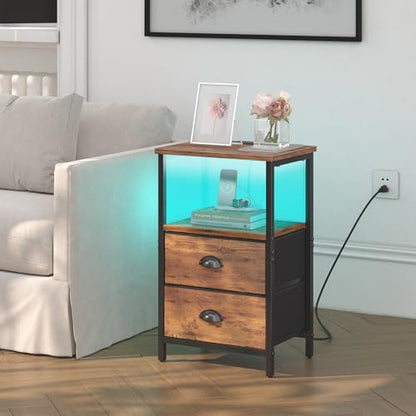 Sthmec Rustic Brown Industrial Nightstand Set of 2, Bedside Table with 2 Fabric Drawers, 3-Tier Storage, LED Light, Charging Station, 11.38''D * 15.38''W* 24.75''H - color: Rustic Brown