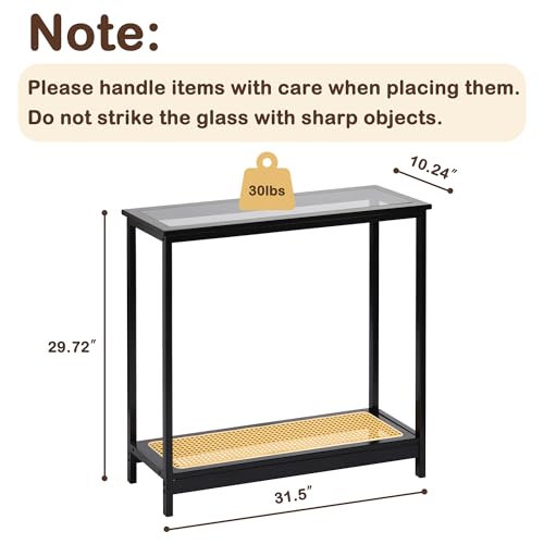 Bamboo Narrow Console Table, 31.5"(L) Wood Small Entryway Table with Rattan and Glass, Accent Slim Hallway Tables, Thin Sofa Side Tables for Hallway, Living Room, Bedroom, Foyer, Black - color: Black 31.5"(l)