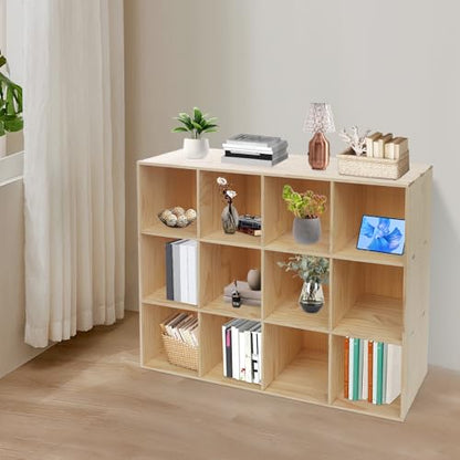 12-Cube Solid Wood Bookcase - Vertical/Horizontal Storage Organizer - 3-Tier 12-Compartment Display Cabinet & TV Stand for Living Room, Office - Easy Assembly Modern Farmhouse Style