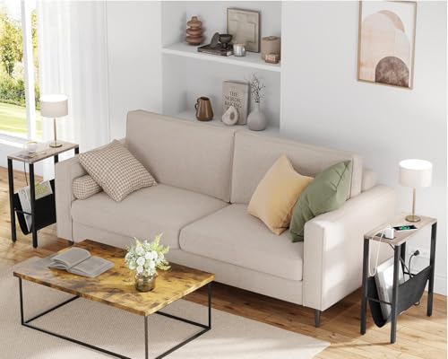Narrow End Table with Charging Station, Slim Sofa Side Table with USB Ports & Outlet, Narrow Nightstand with Storage Bag, Small Side Table for Small Spaces, Living Room, Bedroom, Greige - color: Greige