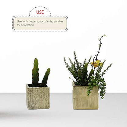WGV Ceramic Cube Vase Width 4" Height 4" (Fits 3" Pot) Elegant Modern Block Square Floral Planter Terrarium Container Table Dresser for Event Accent Home Office Decor Gold Textured 1 Piece