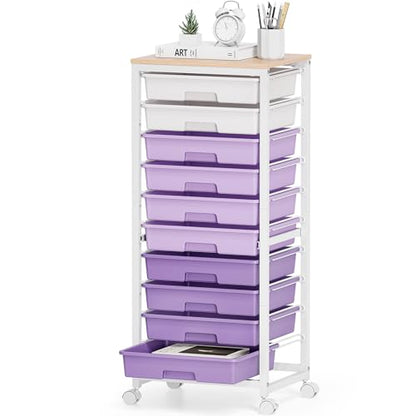SYKIARIOL Rolling Cart with Drawers,10 Drawer Rolling Cart,Storage Cart with Wheels,Utility Cart with Drawers,Teacher Cart for Classroom Storage,Craft Cart with Wheels and Wooden Tabletop,Purple - color: purple