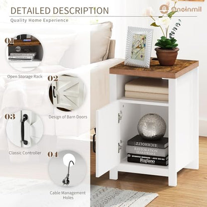 oneinmil End Table with Charging Station, Farmhouse Nightstand with Barn Door, Sofa Side Table with Storage Space 2-Piece Set, Suitable for Livingroom and Bedroom,White - color: White