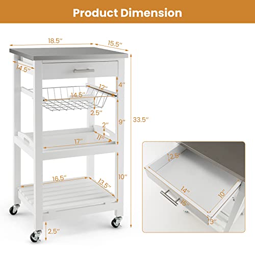 Giantex Kitchen Island Cart, Rolling Kitchen Storage Cart with Stainless Steel Tabletop, Drawer, Basket and Shelf, Utility Service Cart on Wheels for Restaurant Hotel