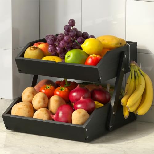 Sevenblue 2-Tier Bamboo Fruit Basket with 2 Banana Holders Black | Large tiered organizer for bread, snacks, veggies. Sturdy bamboo, includes mats & dividers. Easy to assemble. - color: Black, size: 2 Tier