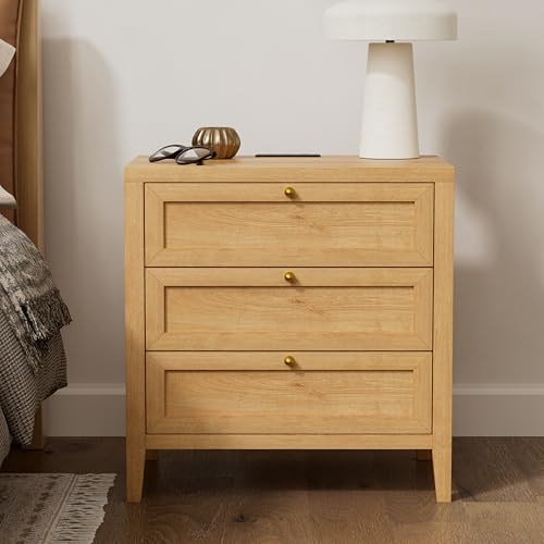 Large Nightstand Set of 2 with 3 Drawers, Farmhouse Bedside End Table with Charging Station, Modern Wood Night Stand for Sofa, Bedroom, Natural Oak - color: Natural Oak, size: 2 PCS (3 Drawers)