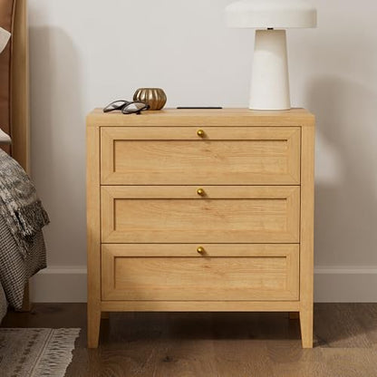 Large Nightstand Set of 2 with 3 Drawers, Farmhouse Bedside End Table with Charging Station, Modern Wood Night Stand for Sofa, Bedroom, Natural Oak - color: Natural Oak, size: 2 PCS (3 Drawers)