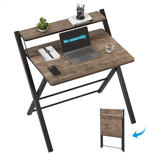 GreenForest No Assembly Folding Desk, 2-Tier Compact Computer Desk with Shelf, 30 inch Space Saving Foldable Table for Home Office, Dorm or Apartment, Portable Collapsible Sturdy Laptop Desk, Brown | Portable Foldable Table for Laptop, 2-Tier Compact with