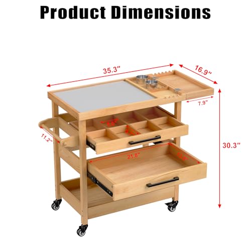 GDLF Art Storage Cart with 2 Drawers, Artist Taboret on Wheels with Tempered Glass Mixing Palette, Beech Wood Rolling Cart with Brush Holder, 2 Rinse Cups & Paper Towel/Towel Bar