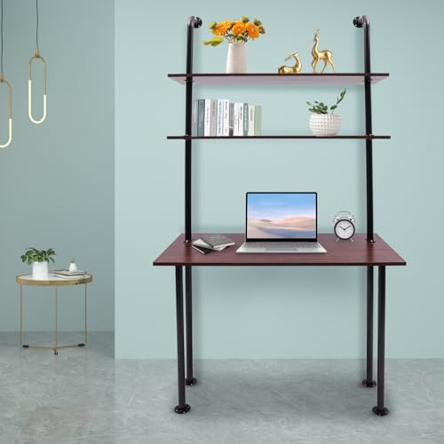 2-Shelf Industrial Wall Mount Ladder，Wall Mount Computer Desk Writing Desk,Industrial Bookcase Desk with Shelves，Floating Desk with Storage, Wall Table for Home Office, Brown (20"Dx30"Wx72.7"H) - color: Black/ Brown (39"w)