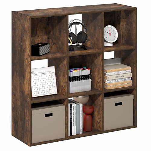 Furinno PELLI Book Shelf, 9-Cube Bookshelf, 3x3 Cube Storage Organizer Bookcase, 11.7 x 35.3 x 35.4, for Organization and Storage, for Living Room, Bedroom, Home Office, Amber Pine - color: Amber Pine, size: 9-Cube