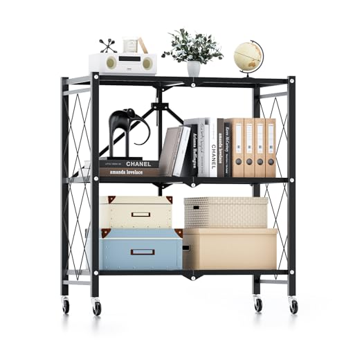 Simple Deluxe 3-Tier Folding Storage Shelves, 27.95" W x 14.96" D x 34.25" H Foldable Shelving Unit, 750 Lbs Loading Capacity, Black - size: 3-Tier, 28"W x 15"D x 34"H