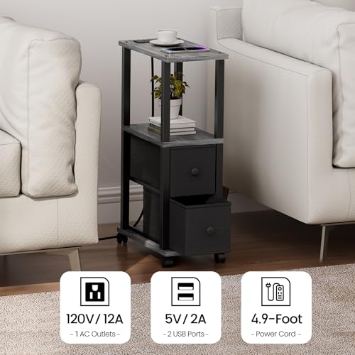 TUTOTAK Small Narrow End Tables, Side Tables with 2 Fabric Drawers, Set of 2, Bedside Tables with Charging Station for Small Spaces, Slim Nightstands with USB Ports and Wheels, TB01BY053 - color: Charcoal Grey, style: with Outlets
