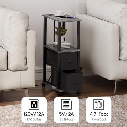 TUTOTAK Small Narrow End Tables, Side Tables with 2 Fabric Drawers, Set of 2, Bedside Tables with Charging Station for Small Spaces, Slim Nightstands with USB Ports and Wheels, TB01BY053 - color: Charcoal Grey, style: with Outlets