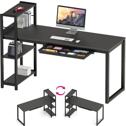 SHW 46-Inch Home Office Computer Desk w/Side Shelf & Drawer, Black | w/ Reversible Adjustable Shelf | Drawer with adjustable compartments - color: Black