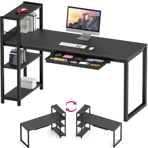 SHW 46-Inch Home Office Computer Desk w/Side Shelf & Drawer, Black | w/ Reversible Adjustable Shelf | Drawer with adjustable compartments - color: Black