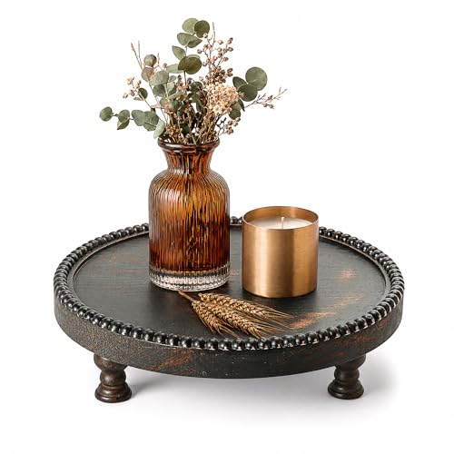 EOSAHR Pine Wood Vintage Round Display Riser for Room Decor – Beaded Pedestal Tray for Displaying New House Essentials, Plant Stand or Coffee Table Decor – Ideal Modern Boho Chic Decor (Old Black) - color: Old Black