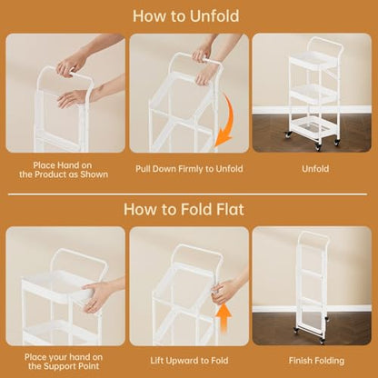 JAQ Foldable Rolling Cart, 3-Tier No Assembly Metal Utility Cart with Handle, Heavy Duty Folding Storage Trolley Organizer on Wheels for Kitchen, Office, Craft Art, Baby Diaper, Snacks, Books, White - color: White /3-tier