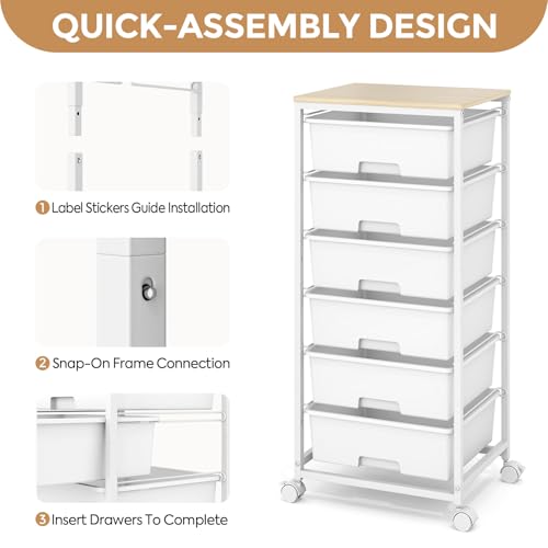 6 Drawer Rolling Storage Cart with Wooden Top and Wheels for Crafts,White | Easy Setup, Large Capacity, Sturdy Build, Lockable Mobility, For office, classroom and art studio supplies - color: White