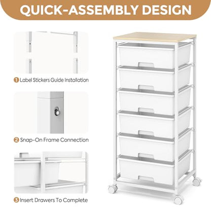 6 Drawer Rolling Storage Cart with Wooden Top and Wheels for Crafts,White | Easy Setup, Large Capacity, Sturdy Build, Lockable Mobility, For office, classroom and art studio supplies - color: White