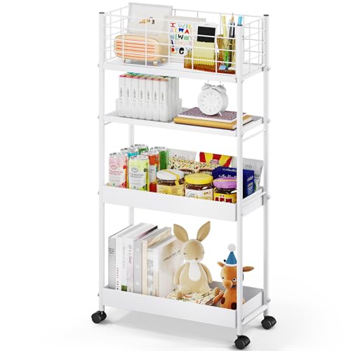 KINGRACK Slim Rolling Storage Cart 4 Tier - Heavy Duty Metal Utility Cart with Raised Edge & Wheels, Narrow Mobile Organizer Shelves for Bathroom, Kitchen, Laundry, Office, Living Room, White - color: White, size: 4-Tier