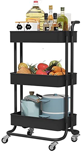 Sooyee 3 Tier Metal Utility Cart with Handle and Lockable Wheels, Black | Rolling Cart Multi-Functional Storage Cart for Office, School,Living Room, Kitchen, Bathroom, Bedroom,Laundry - color: Black, size: Wide 3 Tier 2