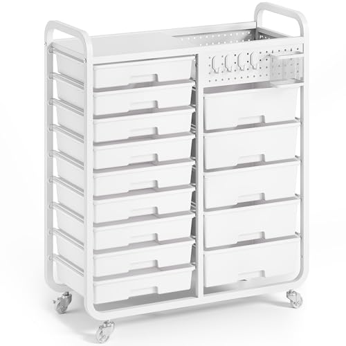 14-Drawers Rolling Storage Cart with Tabletop & Pegboard, Multi-Purpose Utility Organizer Cart for Home, Classroom, Office, Dorm & Bedroom