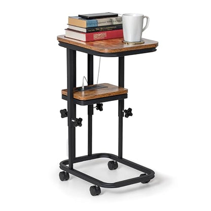 C Shaped End Table with Charging Station, Adjustable Height with Lockable Wheels & Storage Pouch, Rolling Side Table Slide Under Couch Laptop Desk, Small Sofa Table for Living Room (Small) - size: Small