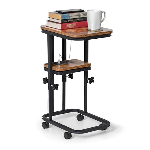 C Shaped End Table with Charging Station, Adjustable Height with Lockable Wheels & Storage Pouch, Rolling Side Table Slide Under Couch Laptop Desk, Small Sofa Table for Living Room (Small) - size: Small