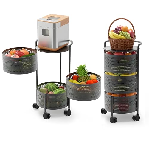 JAQ No Assembly Rotating Kitchen Storage Organizer, 3-Tier Metal Basket Rack with Wheels, Space Saving Fruit & Vegetable Storage Cart for Small Kitchen, Pantry, Black - color: 3-tier/Black