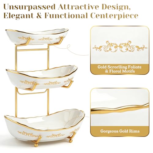 DUJUST 3 Tier Fruit Bowl, Elegant Ceramic Fruit Stand with Gold Scrollwork, Stackable & Easy to Store, Multifunctional Serving Tray for Fruit/Vegetables/Snacks - White Gold - color: 3-Tier White Gold