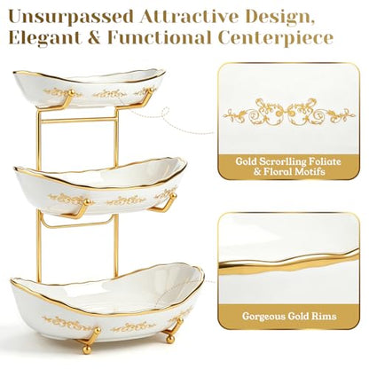 DUJUST 3 Tier Fruit Bowl, Elegant Ceramic Fruit Stand with Gold Scrollwork, Stackable & Easy to Store, Multifunctional Serving Tray for Fruit/Vegetables/Snacks - White Gold - color: 3-Tier White Gold