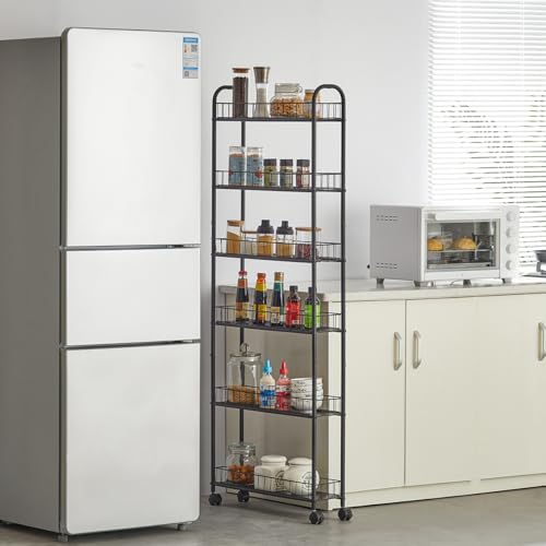 6 Tier Slim Rolling Storage Cart, Mobile Shelving Unit with Wheels, Metal Wire Storage Rack with Baskets for Kitchen Bathroom Office Laundry Narrow Piaces (6in Slim Rolling Cart) - size: 6in Slim Rolling Cart