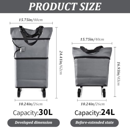 JIANWEI Collapsible Shopping Cart with 360° Swivel Wheels, Portable Folding Trolle-y Grocery Bag, Reusable Foldable Tote Grocery Cart Large Capacity Used for Travel and Home (Grey)