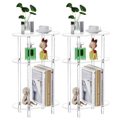 Clear Acrylic Narrow Side Table Set of 2 for Small Spaces, 15.75" L x 7.87" W x 24.6" H, 3 Tier Oval Slim End Table Nightstand, Small Skinny Bedside Table for Bedroom, Bathroom, Living Room - size: 3 Tier 2-Pack 24.6"H