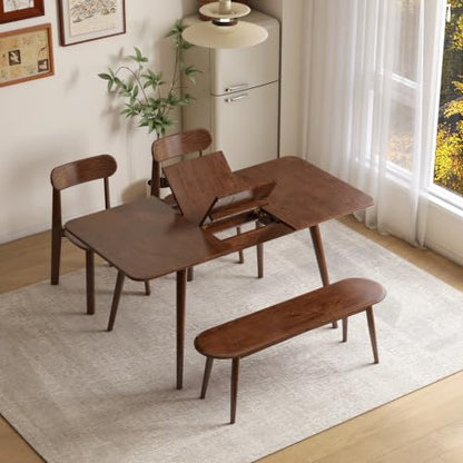 47’’-63’’ Oak Extendable Dining Table and Chairs & Bench Set, Solid Wood Folding Kitchen Table, Mid Century Dinner Table for Kitchen, Apartment, Living Room (Walnut, 63''+2Chairs-HSA+47'' Bench) - color: Walnut, size: 63''+2Chairs-HSA+47'' Bench