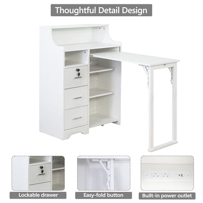 Folding Desk with Storage,Hidden Desk with Lockable Drawers & Shelves, Built-in Power Outlet,Fold Out Desk for Study and Home Office - color: White