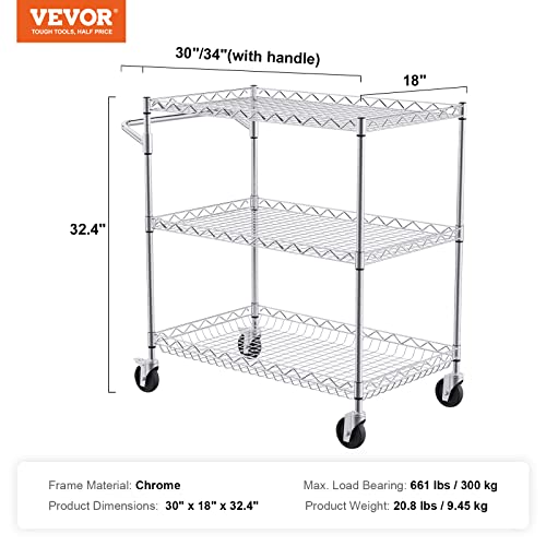 VEVOR Kitchen Utility Cart, 3 Tiers, Wire Rolling Table with 661 LBS Capacity, Steel Service Desk on Wheels, Metal Storage Trolley with 80 mm Deep Basket Curved Handle 6 Hooks - size: 18"D x 30"W x 32.4"H