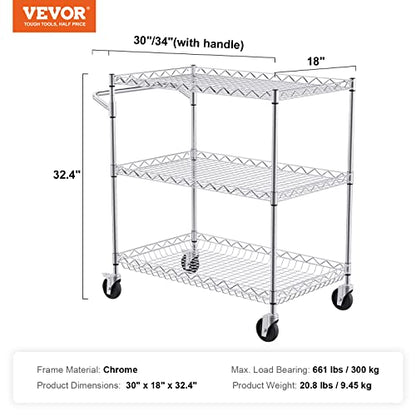 VEVOR Kitchen Utility Cart, 3 Tiers, Wire Rolling Table with 661 LBS Capacity, Steel Service Desk on Wheels, Metal Storage Trolley with 80 mm Deep Basket Curved Handle 6 Hooks - size: 18"D x 30"W x 32.4"H
