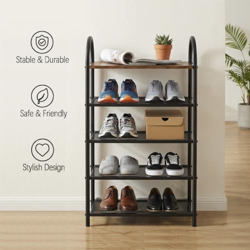 5-Tier Shoe Rack, Rustic Wood Look Shoe Organizer with Metal Frame and Mesh Shelves, Space-Saving for Entryway, Hallway, Bedroom (17.32" L x 10.24" W x 31.89" H) - size: 17.32" X 10.24" X 31.89"