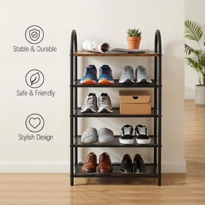 5-Tier Shoe Rack, Rustic Wood Look Shoe Organizer with Metal Frame and Mesh Shelves, Space-Saving for Entryway, Hallway, Bedroom (17.32" L x 10.24" W x 31.89" H) - size: 17.32" X 10.24" X 31.89"
