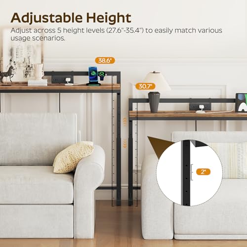 78.7'' Narrow Console Table with Adjustable Height (27.6''-35.4''), Behind Couch Table Skinny with Outlet, Long Entryway Table, Couch Table Behind Sofa for Living Room, Rustic Brown CT22UBR - color: Rustic Brown + Black, size: 78.7"L x 6.7"W x 27.6"H - 35